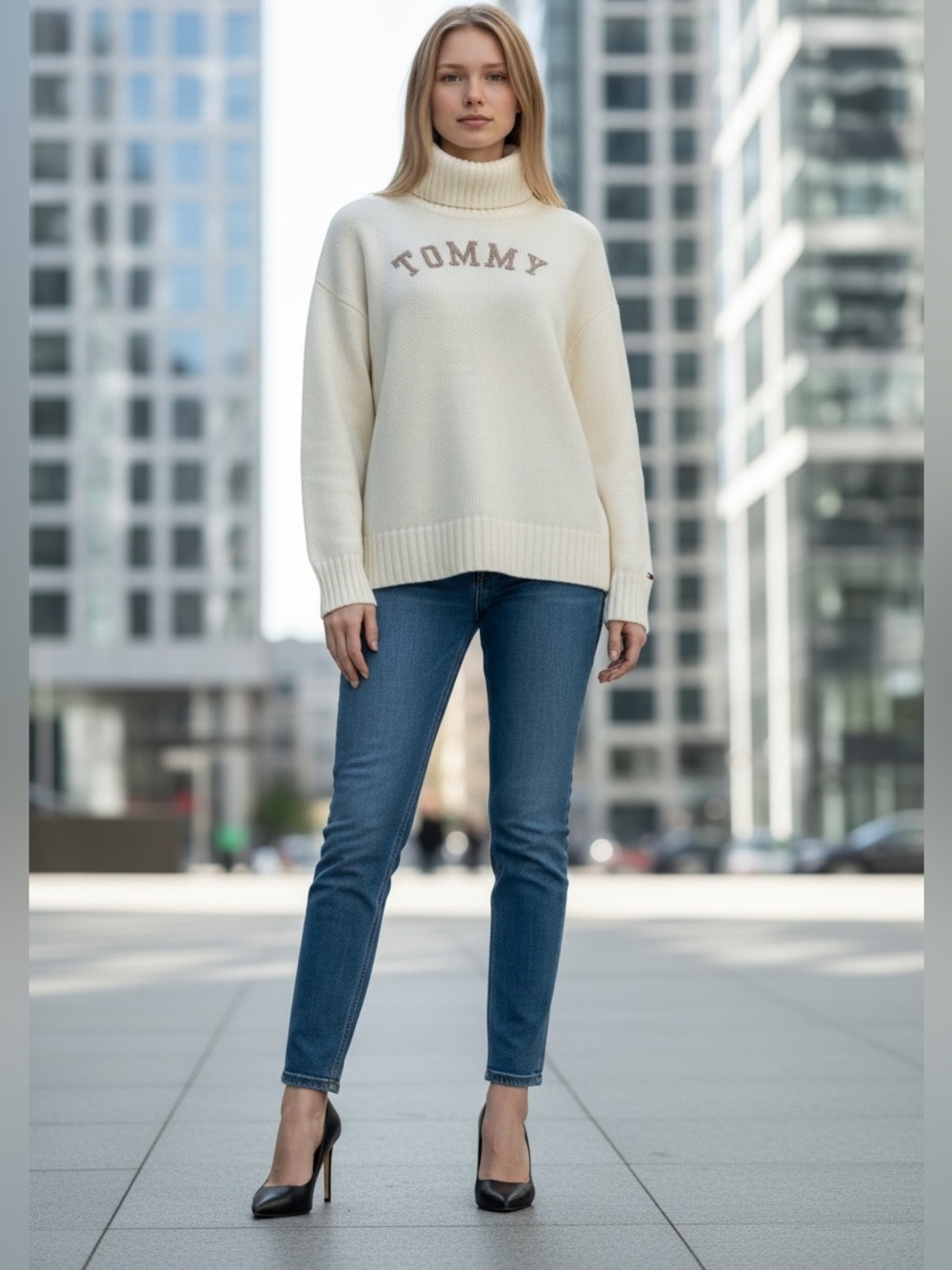 Tommy Hilfiger, Turtleneck Sweater Cream Logo Knit, Cozy, Large